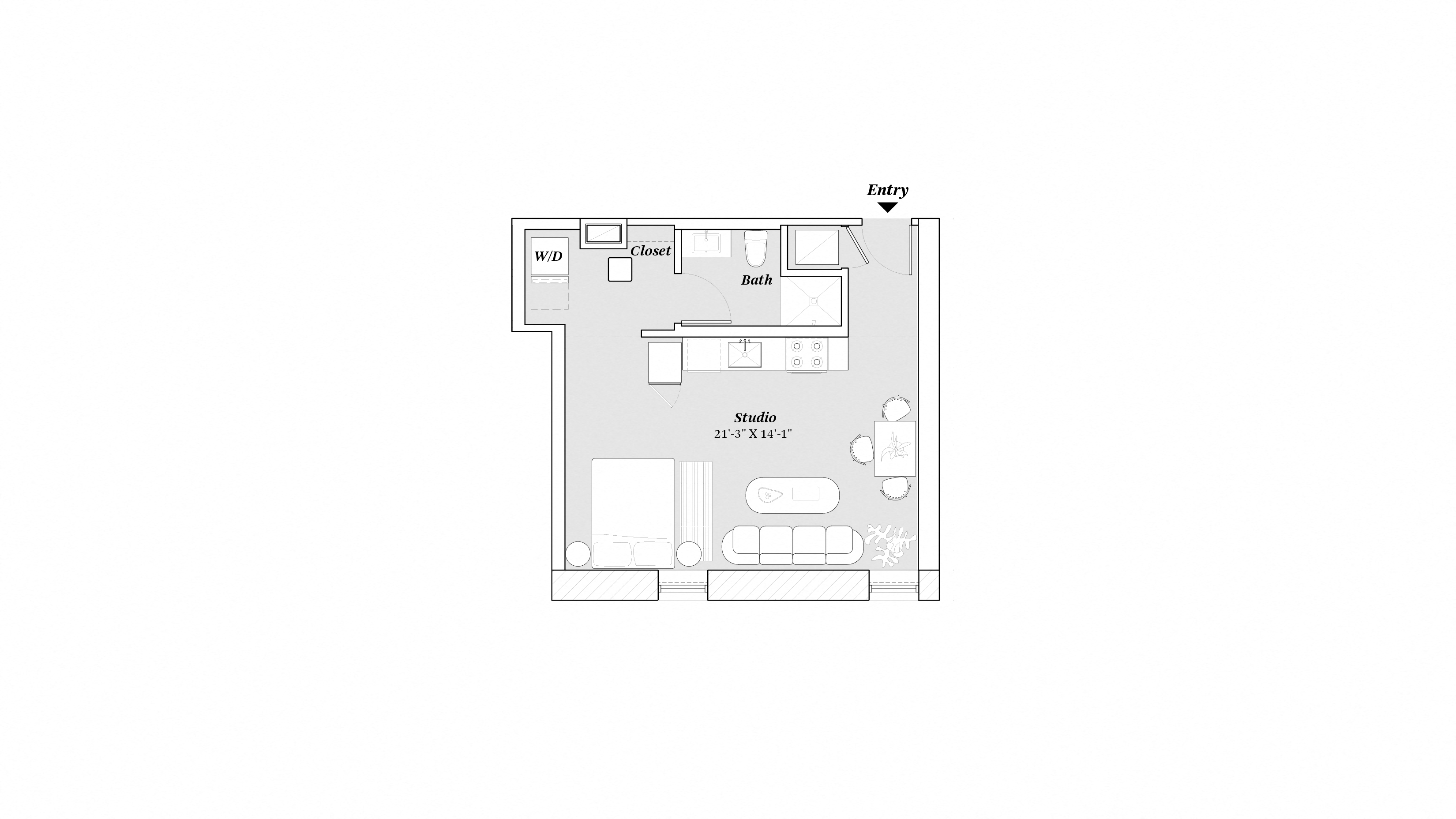 Floor plan for studio, 1 bath, 578 sqft